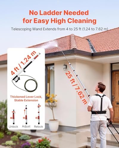 VEVOR 25 FT Pressure Washer Telescoping Wand, with Power Washer Extension Wands & High Pressure Hose, Brush Head, 7 Nozzles, Hose Adapter, Upgrade Support Belt, Storage Bag, 4000 PSI for High Cleaning - Image 2