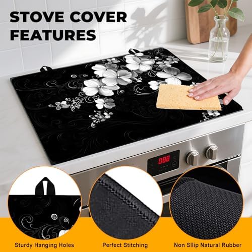 Stove Top Cover Retro Flower Gas Stove Top Cover for Home Decoration Kitchen Pad Non-Stick Washable Cooktop Covers Countertop Protector Keep Stove Clean 28"x20" (White flower-2) - Image 2