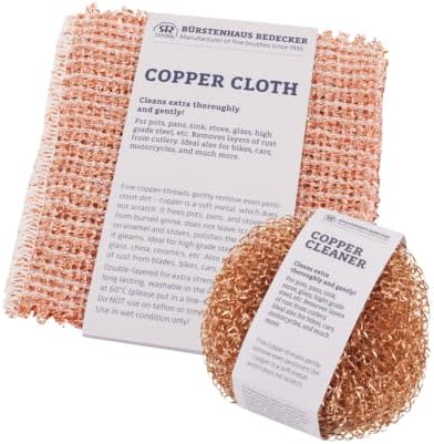 Redecker Copper Cleaning Bundle – Cloths and Scrubber Set for Pots, Pans, Sinks & Kitchen Surfaces – Non-Scratch Reusable Copper Cleaning Set, Made in Netherlands by Redecker