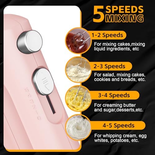 Lord Eagle 5-Speed Small Hand Mixer Electric, 300W Compact Portable, Pink - Image 2