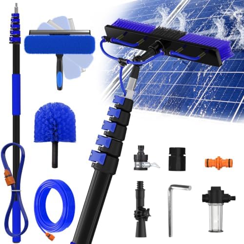 Buyplus 30FT Reach Solar Panel Cleaning Brush Kit with 5-24FT Telescoping Pole, Water Fed Window Cleaner Tool with 20" Brush, Soap Dispenser, Cobweb Duster, Squeegee for Roof, RV, Gutter, Deck,Blue by Buyplus