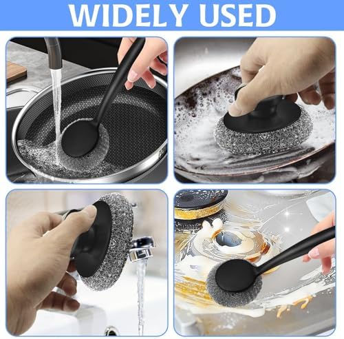 Scrubber with Handle Comes with Three Replacement Balls Steel Wool, Short Handle Scrubber, Steel Wool Scrubber Supplies Dish Scrubber, Stainless Steel Scrubber Tool Metal Scrubber for Dishes - Image 7