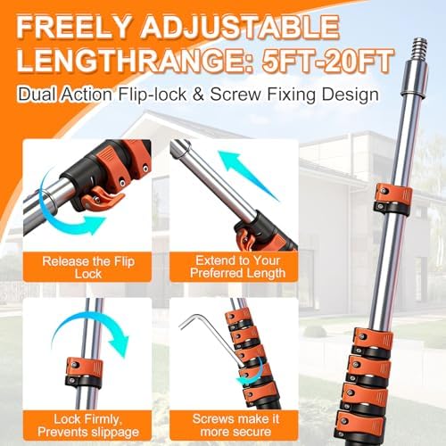 26FT High Reach Duster Kit with 5-20FT Flip-Lock & Screw Dual Locking Extension Pole, Cobweb Duster, Washable Ceiling Fan Cleaner & Window Squeegee for Glass & High Roof - Image 5