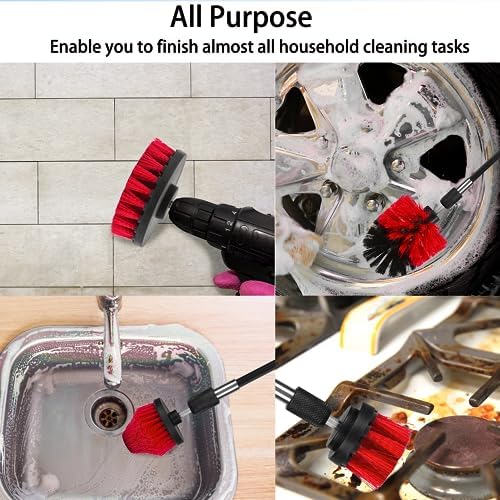 8 Pack Drill Brush Attachment Set, 1/4in Power Scrubber Brush + Extend Long Rod, Multi-Purpose Power Cleaning Scrub Brush for Bathroom, Tub, Tile, Corner, Floor(Red) - Image 7