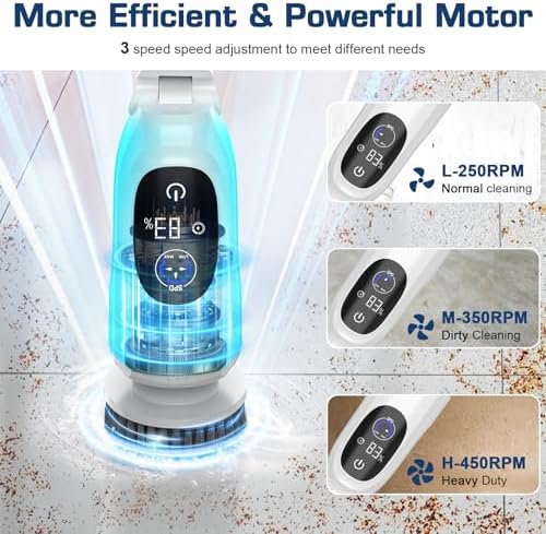 Electric Spin Scrubber, 200Mins Runtime Bathroom Scrubber with 3-Speed & LCD Display, Full-Body IPX7 Shower Scrubber with 8 Heads for Bathtub Kitchen Floor Grout, 53IN Extendable Handle - Image 2