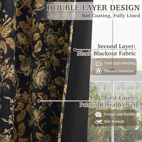 StangH Gold 100% Blackout Floral Velvet Curtains 108 Inch 2 Panels - Image 4