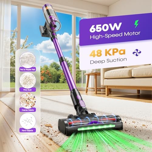 Cordless Vacuum Cleaner, 650W 48KPa Vacuum Cleaners for Home, Self-Standing Stick Vacuums with LED Display, Anti-Tangle, Lightweight, Stick Vacuum Rechargeable for Pet Hair Carpet Floor - Image 2
