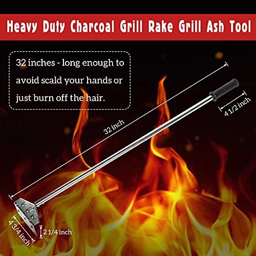 Heavy Duty Charcoal Grill Rake Ash Tool Accessories With Rubber Handle, Kettle Grill Pizza Oven Ash Rake - 32 Inch - Image 2