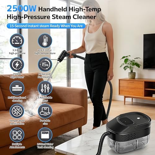 Portable Steam Cleaner for Home and Car, 15s Heat-Up, 15Pcs Accessories - Image 2