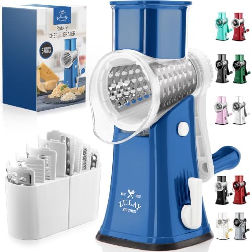 Rotary Cheese Grater Manual Hand Crank 5 Blade Shredder, Blue & White by ZulayKitchen