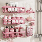 Veken Large Capacity Shower Caddy 6-Pack, No Drilling & Rustproof, Adhesive Shower Shelves with Soap Holder, Bathroom Organizers and Storage, Wall-Mounted Kitchen & Home Decor, Pink by Veken