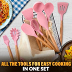 Kitchen Utensils Set with Holder for Nonstick Cookware - 12 Pcs Pink Silicone Cooking Utensils Set, Kitchen Tools for Daily Cooking - Wooden Handle Cooking Tools for Baking Serving and Mixing Tasks - Image 5