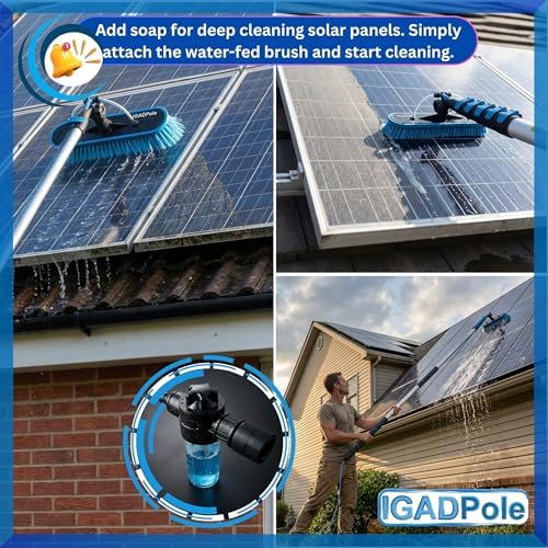 IGADPole 24 FT Water-Fed Washing Kit with Soap-Dispenser, Brush, 10″ Squeegee & Cobweb Duster for Windows, Gutters, Solar Panels & Exterior Walls - Image 4