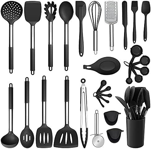 E-far Silicone Cooking Utensils Set, 30-Piece Black Kitchen Utensils Set by E-far