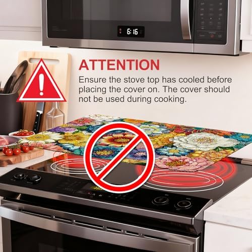 Boho Floral Stove Top Cover for Electric Stove, Bohemia Ethnic Style Range Covers for Electric Stove, Rubber Dish Drying Mat, Glass Cooktop Covers, Flat RV Range top Mats, 28"x20" - Image 3