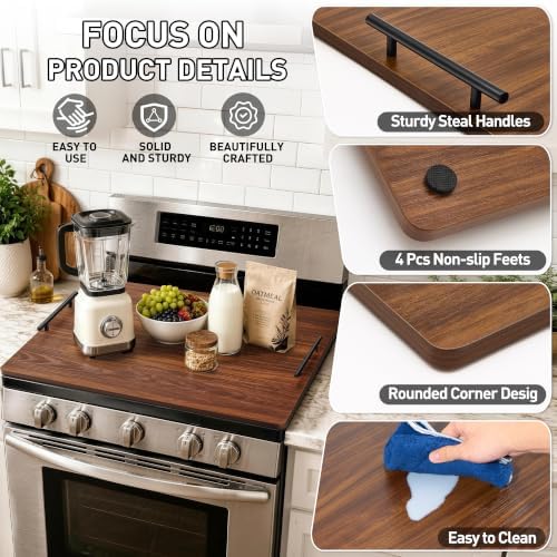 Noodle Board Stove Cover with Handles, Stove Top Covers for Gas Burners and Electric Stove, Wood Stove Cover Board Decorative Serving Tray Kitchen Sink Cover for Counter Space (Walnut) - Image 3
