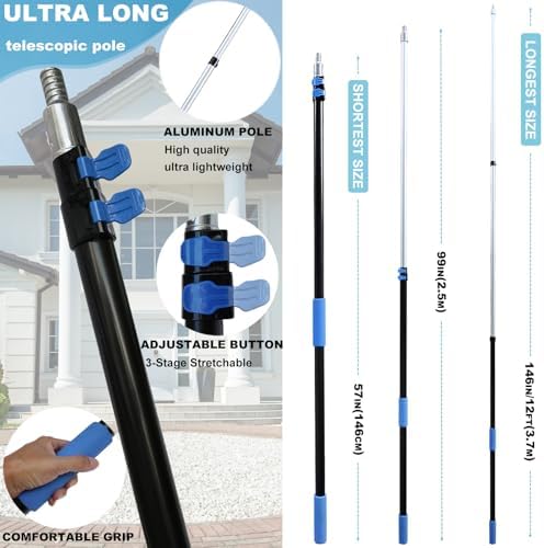 20 Ft+ Reach 2 In 1 Window Squeegee Duster with 5-to-12 Foot Extension Pole, Cleaner Tool with 3-Stage Telescoping Pole, Cleaning Kit with Rotatable Head - Chenille Cloth + Microfibre Cloths Head - Image 3