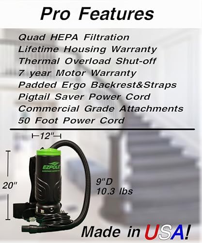 Ezpole Commercial HEPA 4- Stage Filtration Backpack Vacuum with Aluminum Wand and 50' Cord and (5) Heavy Duty Indusrial Duty Attachments - Made in USA - Image 4
