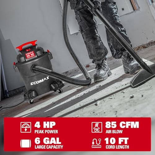 ECOMAX Wet Dry Vacuum 6 Gallon, 4 HP 85 CFM 3-in-1 Shop Vac with Suction/Blow/Wet Dry Function, Heavy-Duty Portable Poly Wet/Dry Vac Car Vacuum for Workshop, Jobsite, Garage and Home Cleaning - Image 2