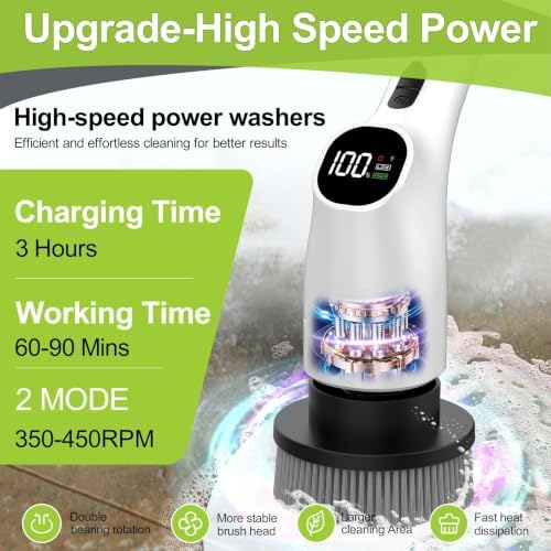 WKY-Electric Spin Scrubber - 10-in-1 Cordless Shower Scrubber & Cleaning Brush with Extendable Handle, 42 in-lbs Ultra High Torque, 2 Speeds, IPX7, LED Display, Smart AI Chip, for Bathroom, Kitchen - Image 3