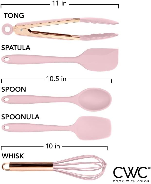 COOK WITH COLOR Silicone Cooking Utensils, Kitchen Utensil Set, Easy to Clean Silicone Kitchen Utensils, Cooking Utensils for Nonstick Cookware, Kitchen Gadgets Set, Standard, Pink - Image 3