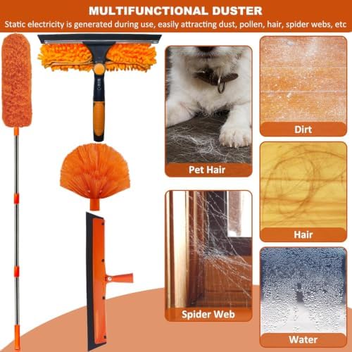 20+ Feet High Reach Duster Kit with 3-14 ft Extension Pole High Ceiling Dusting and Window Cleaning Kit with Spliceable Pole - Window Washer & Squeegee, Cobweb Duster, Fan Blade and Feather Dusters - Image 7