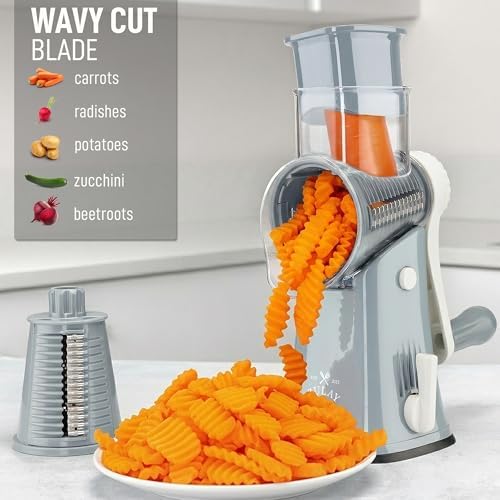 Rotary Cheese Grater Manual Hand Crank 5 Blade Shredder, Gray & White - Image 4