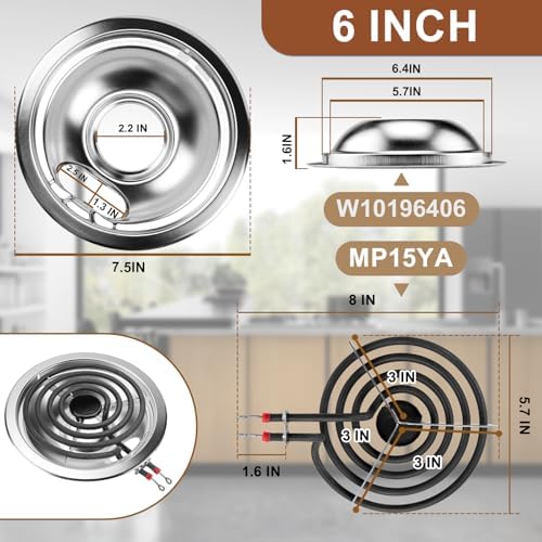 W10196405(8”) W10196406(6”) Electric Stove Burner Drip Pans & MP22YA Electric Range Burner Element Unit Set by Cenipar-Compatible with Whirl-pool Ken-more Ama-na Range Oven/Stove - Image 5