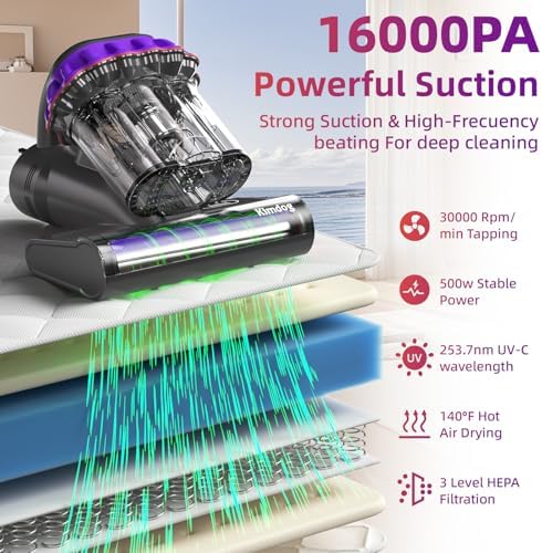 Mattress Vacuum Cleaner - 16Kpa Bed Vacuum with 253.7nm UV-C Light, 140°F Heat Ultrasonic & Hepa Filter, 500W Handheld Couch Cleaner with 3L Dust Cup for Pet Carpet Sofa Hair (D-Purple/Corded) - Image 2