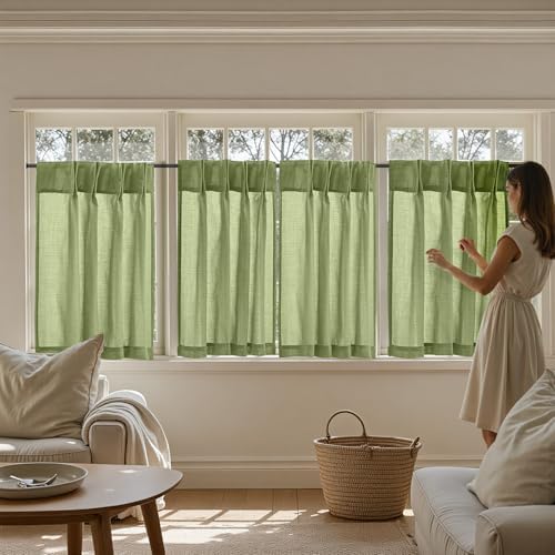 jinchan Linen Pinch Pleated Back Tab Tier Curtains, 26x36, Green - Image 7