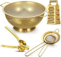 Sawysine 5 Pcs Gold Kitchen Appliances Includes 4 Quart Gold Colander and 2 Pcs Strainer Set, Lemon Squeezer, Stainless Steel 4 Sides Grater Slicer with Handle for Kitchen by Sawysine