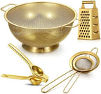 Sawysine 5 Pcs Gold Kitchen Appliances Includes 4 Quart Gold Colander and 2 Pcs Strainer Set, Lemon Squeezer, Stainless Steel 4 Sides Grater Slicer with Handle for Kitchen by Sawysine