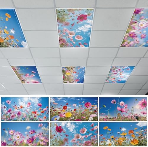 6 Pcs Fluorescent Light Covers with 60 Magnets Decorative for Classroom Ceiling Lights 4 x 2 Feet Magnetic Light Cover Filter Easy Install for Office Hospital Home Ceiling Supplies (Flower Bush) by Wiooffen