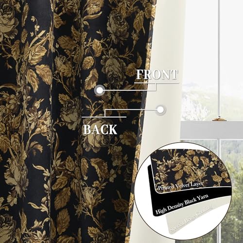 StangH 100% Blackout Curtains 90 Inch Gold Floral Velvet Drapes 2 Panels - Image 4