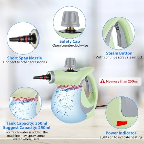 Handheld Pressurized Steam Cleaner with 12 pcs Accessories, Portable Steamer for Cleaning, Steam Cleaner for Home Use, Steamer for Cleaning Car, Furniture, Floor, Upholstery, Grout and Tile, Green - Image 4