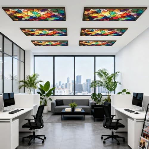 6 Pcs Fluorescent Light Covers for Ceiling Lights abstract stained glass features an intricate arrangement Magnetic Decorative Shade Filters 4x2 ft for Classroom Office Hospital Decor - Image 6