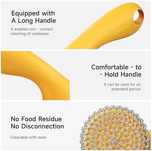 SUBEKYU Cast Iron Scrubber with Silicone Handle, Stainless Steel Skillet Cleaner for Cast Iron Pans (Yellow) - Image 4