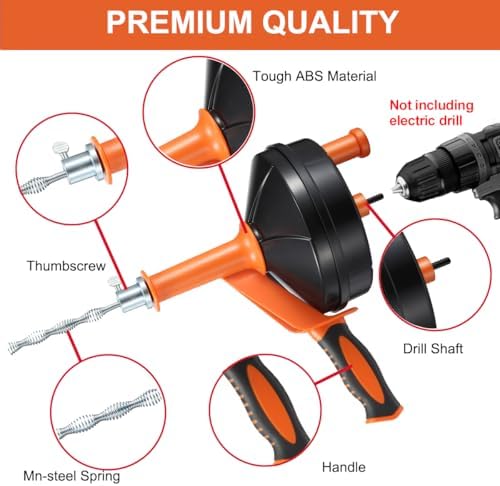 Drain Auger, Clog Remover with Drill Adapter, 25 Feet Flexible Plumbing Snake Use Manually or Powered for Kitchen, Bathroom and Shower Sink, Comes with Gloves (orange) - Image 6
