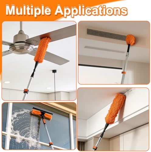 30FT High Reach Duster Kits with Dual Action Flip-Lock & Screw Fixing Design, 5-24FT Extension Pole, Cobweb Duster, Washable Ceiling Fan Cleaner & Window Squeegee for Glass & High Roof - Image 2