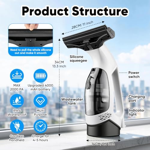 Cordless Window Vacuum Squeegee, 4000mAh Large Capacity & 30-40" Long Pole - Image 5