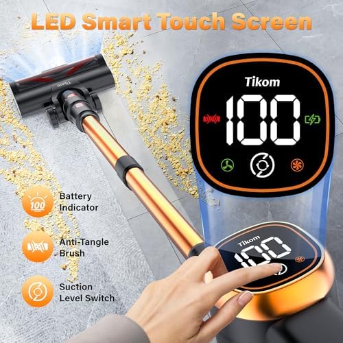 Tikom V500 Cordless Vacuum Cleaner for Home, 40000Pa/450W Stick Vacuum with LED Touch Screen, Charging Wall Dock, Anti-Tangle, Lightweight Handheld Vacuum for Pet Hair, Hard Floor, Carpet - Image 3