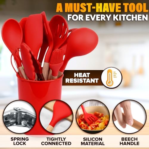 12 Pcs Red Kitchen Utensils Set with Holder – Versatile Silicone Utensils Set for Cooking and Baking, Gentle on Pots and Pans, Heat-Resistant, Stylish, Easy to Clean, Red Kitchen Accessories - Image 3