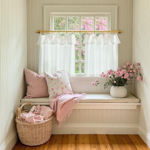 jinchan Linen Tier Kitchen Curtains, 30x24, 2 Panels, Beige White - Image 3