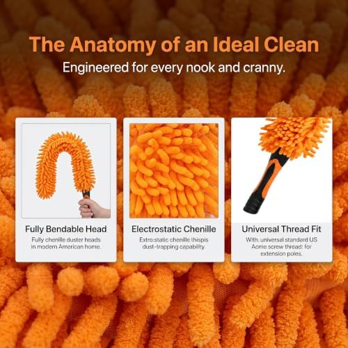 Chenille Duster with Bendable Head – Washable Ceiling Fan Duster for High Ceilings, Blinds, and Furniture – Universal Thread Fit for Easy Cleaning, Orange - Image 2