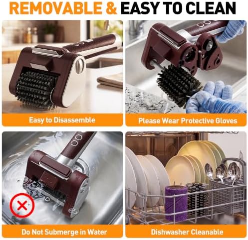 Electric Grill Brush, 4000mAh Rechargeable, 3 Speed Settings, LED Light, Detachable Stainless Steel Head, Support Rollers, Rotating Cleaning Brush – Suitable for Outdoor BBQ Grills, Gold - Image 5