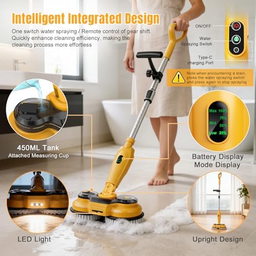 Cordless Electric Mop for Dewalt 20V Battery (NO Battery), 2 in 1 Spin Mop & Electric Floor Scrubber Machine with LED Light & Water Spray, 800 RPM Rotating Electric Mops for Floor (Black Yellow) - Image 4