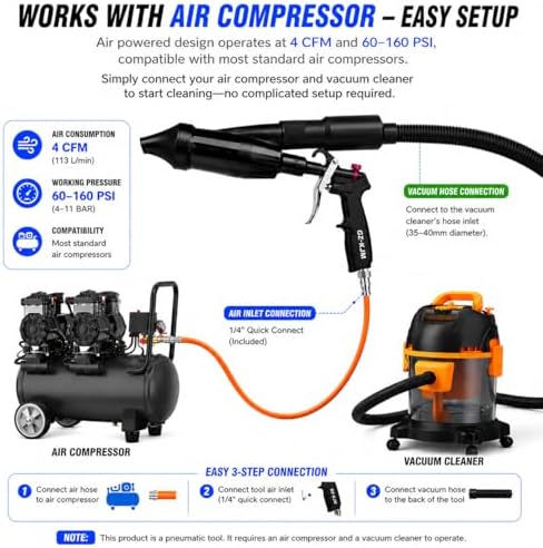 2-in-1 Car Cleaning Gun, Air Blow Gun & Vacuum Gun for Interior Detailing, High Pressure Dryer Blower with Adjustable Nozzle, Quickly Removes Dust, Dirt & Pet Hair, Air Compressor Required - Image 2