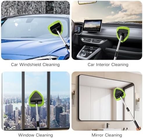 Qydipclin 10pcs Windshield Cleaner Tool, Car Window Cleaning Wash Kit with 4 Reusable Microfiber Pads 1 Spray Bottle and Extendable Handle Auto Glass Wiper Kit, Green - Image 6