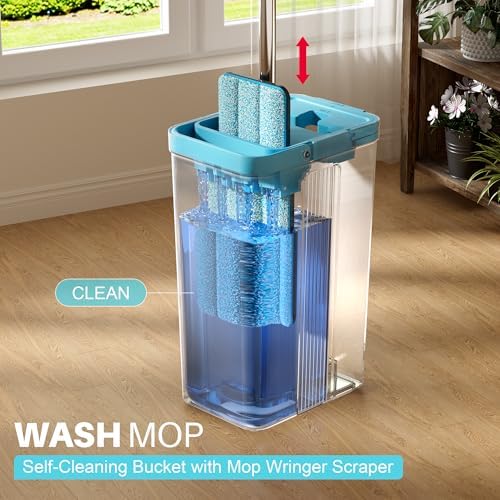 JOYMOOP Mop and Bucket Set, Mops for Floor Cleaning, Wall Mop Cleaner with Long Handle, with 4 Reusable Microfiber Mop Pads - Grey+Cyan Blue - Image 2