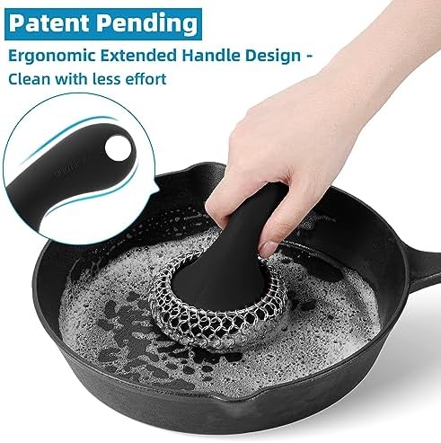 Cast Iron Scrubber,Stainless Chainmail Scrubber with Handle,Black - Image 3
